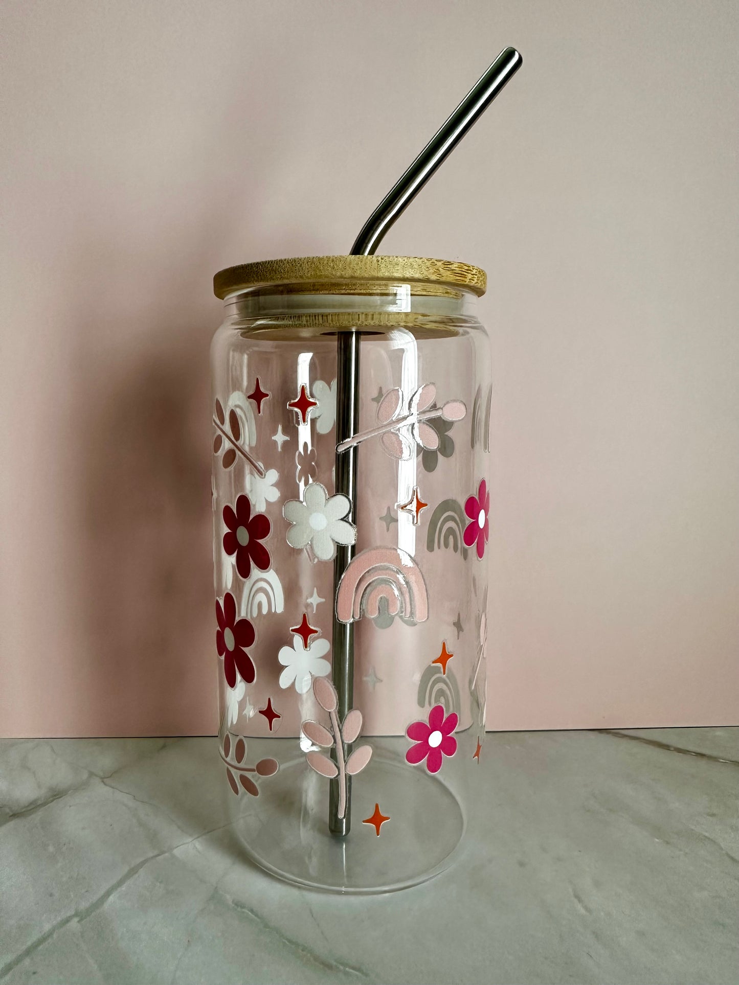 Boho Drinking Glass with Bamboo Lid & Stainless Steel Straw