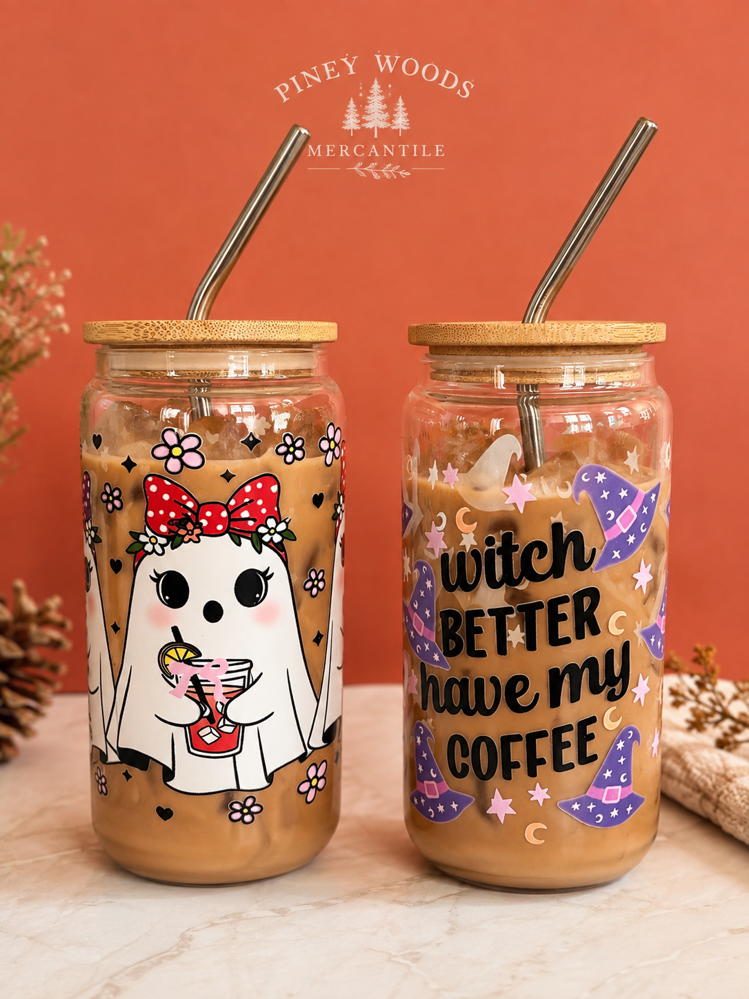🎃 Halloween Glass Can Cup with Bamboo Lid & Stainless Steel Straw