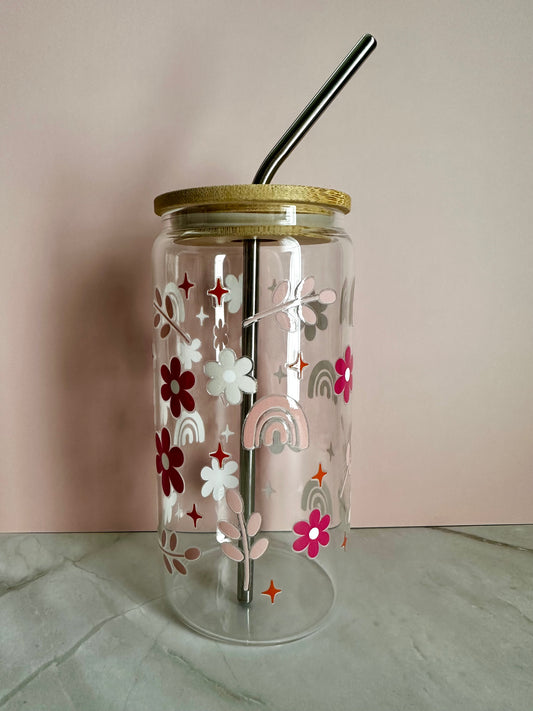 Boho Drinking Glass with Bamboo Lid & Stainless Steel Straw