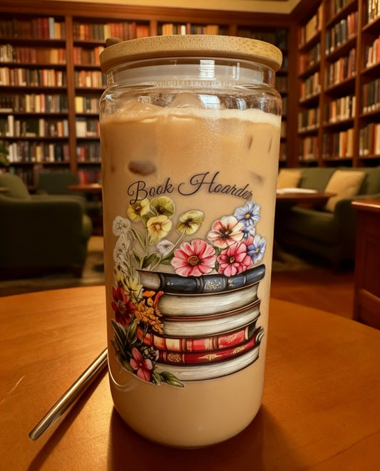 Book Themed Glass Drinking Glass with Bamboo Lid & Stainless Steel Straw