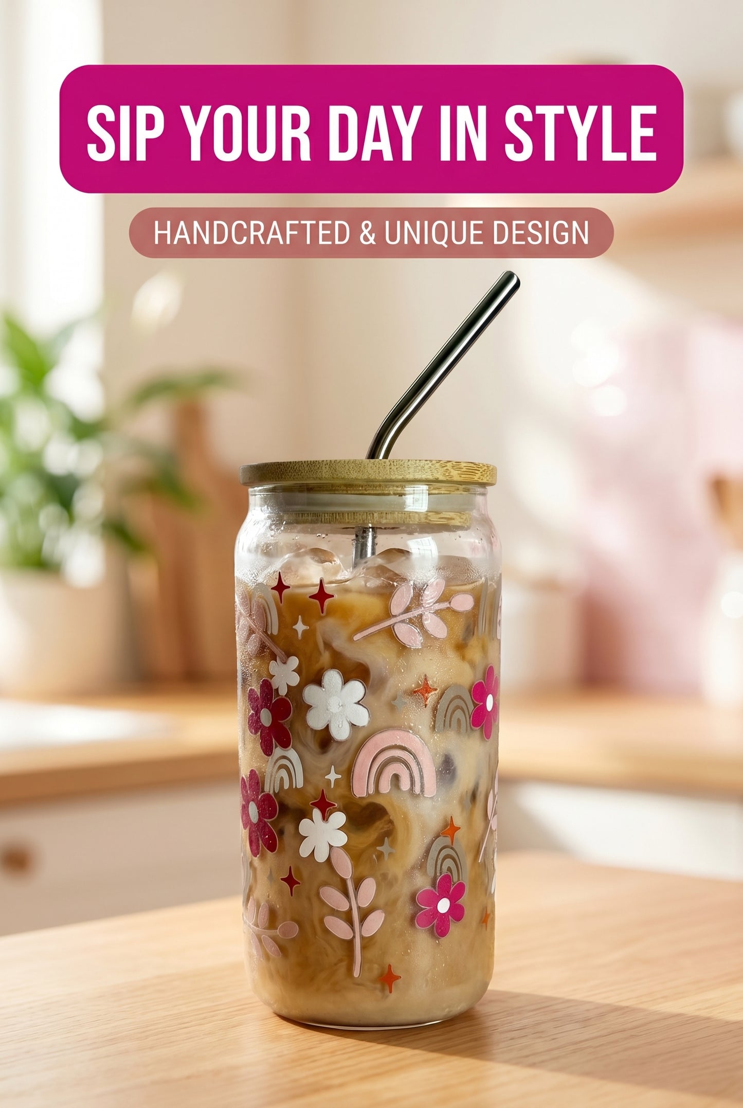 Boho Drinking Glass with Bamboo Lid & Stainless Steel Straw