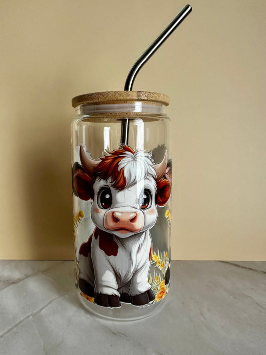Highland Cow Drinking Glass with Bamboo Lid & Stainless Steel Straw