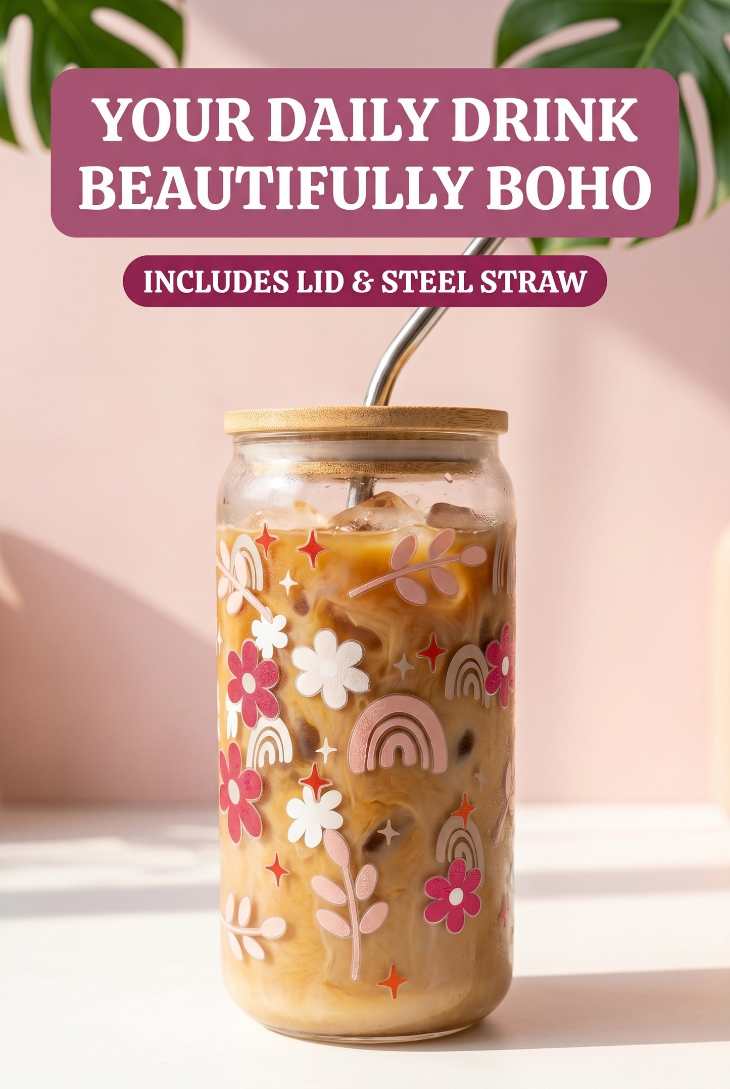Boho Drinking Glass with Bamboo Lid & Stainless Steel Straw