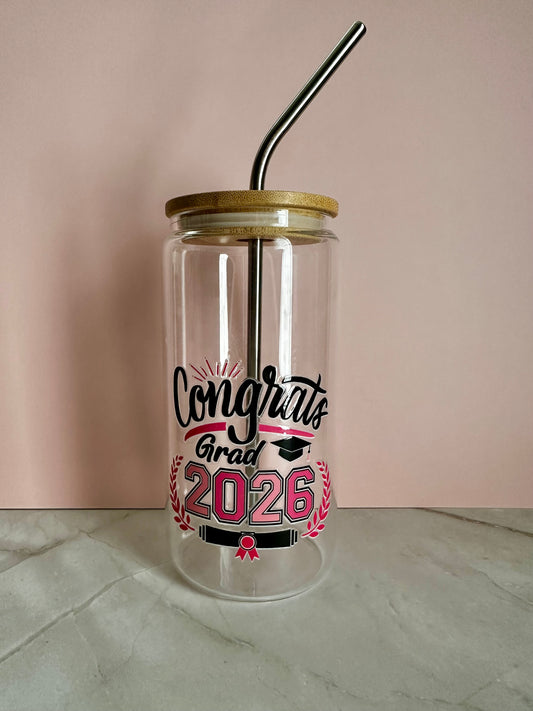 2026 Graduate Drinking Glass with Bamboo Lid & Stainless Steel Straw