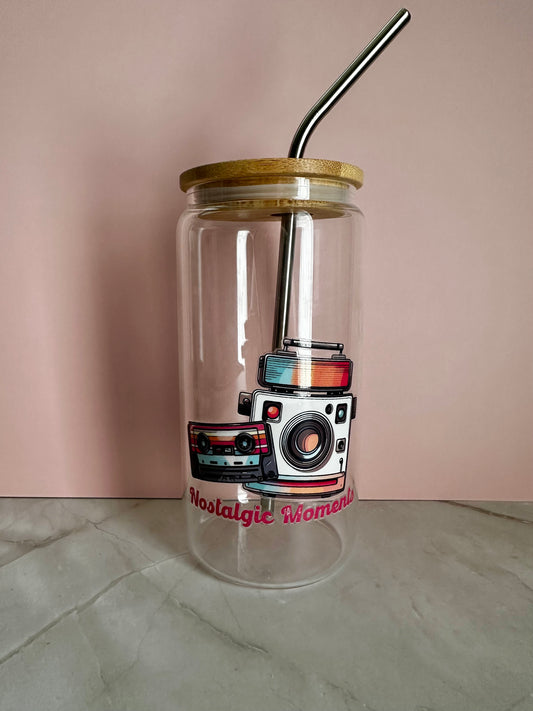 Retro Drinking Glass with Bamboo Lid & Stainless Steel Straw