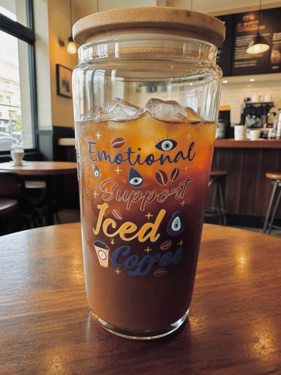 Evil Eye Themed Drinking Glass with Bamboo Lid and Stainless Steel Straw
