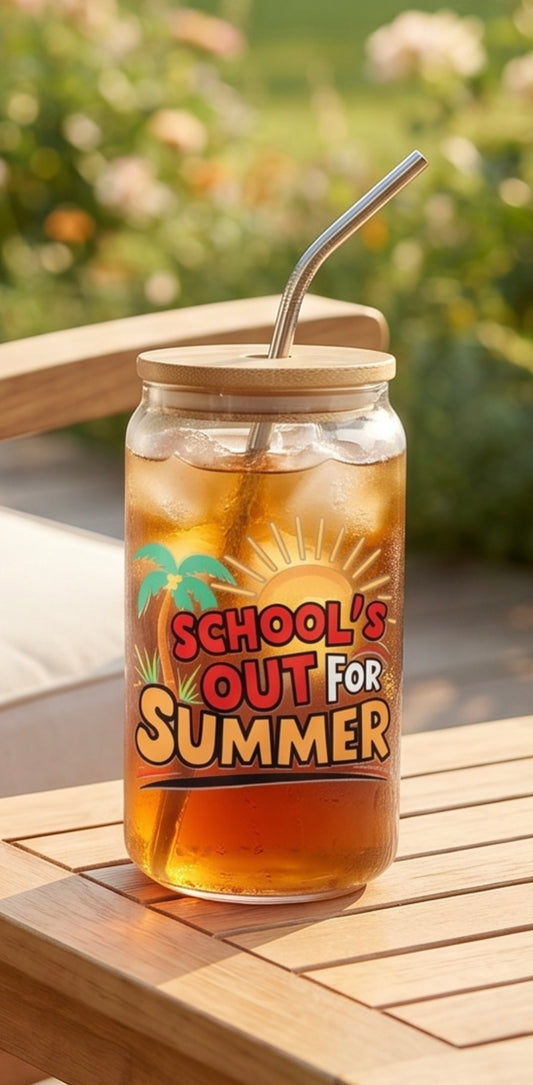 Summer Themed Drinking Glass with Bamboo Lid and Stainless Steel Straw