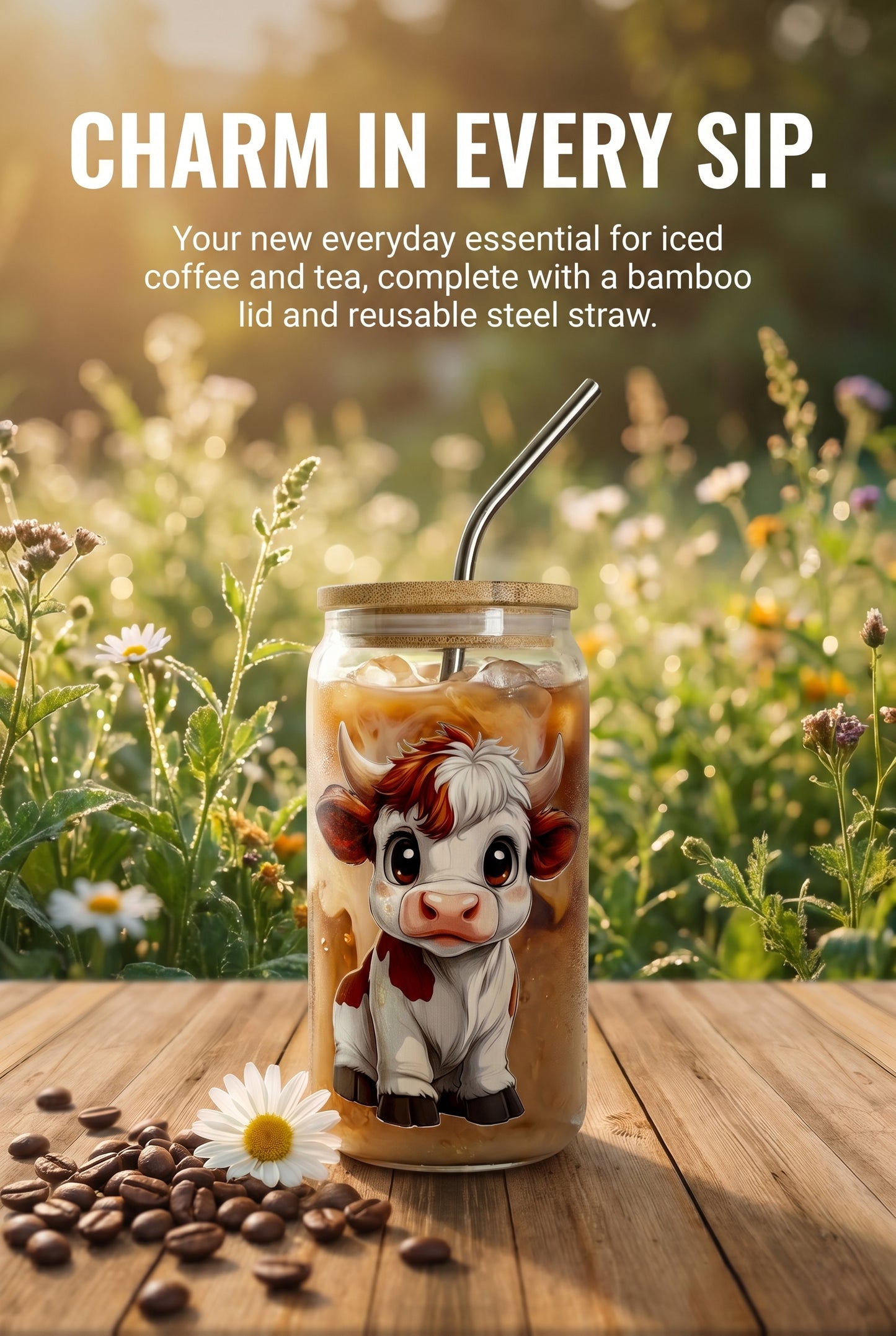 🥤Highland Cow Drinking Glass with Bamboo Lid & Stainless Steel Straw