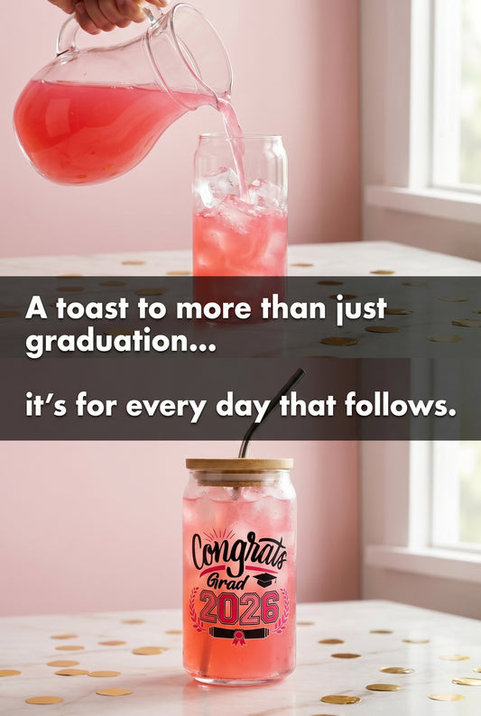 2026 Graduate Drinking Glass with Bamboo Lid & Stainless Steel Straw