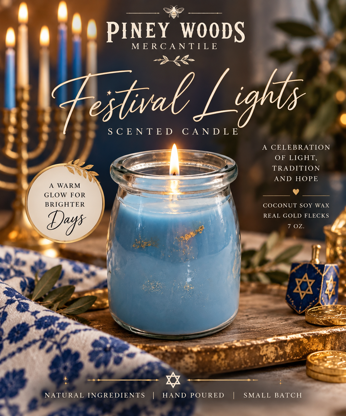 Festival Lights Blue Candle – Amberwood Twilight | 7 oz Coconut Soy Wax with Gold Flecks