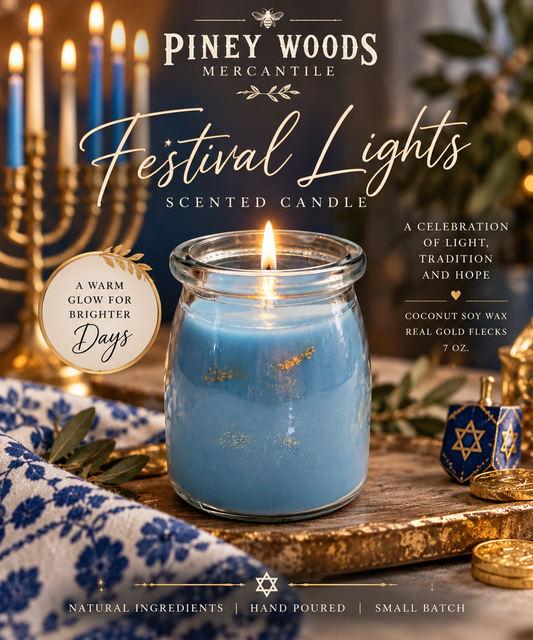 Festival Lights Blue Candle – Amberwood Twilight | 7 oz Coconut Soy Wax with Gold Flecks