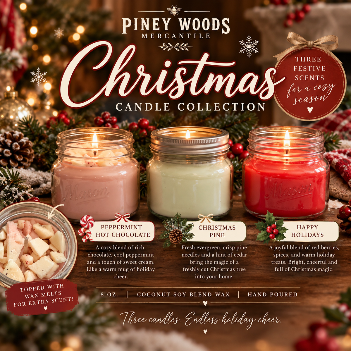Christmas Candle Collection – 3-Piece Holiday Candle Trio | 8 oz Coconut Soy Blend Candles